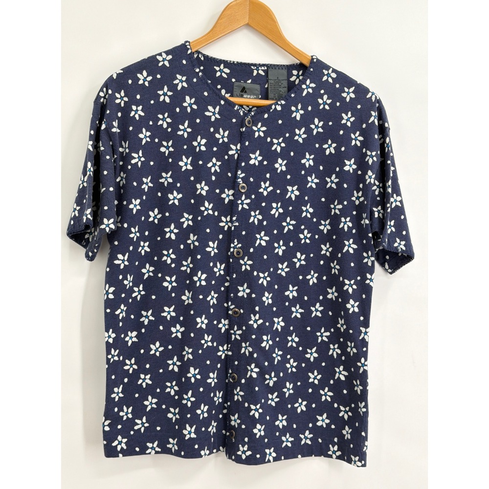 Lizwear Vintage Navy Blue Floral Daisy Button Front Knit‎ Top Short Sleeve Small